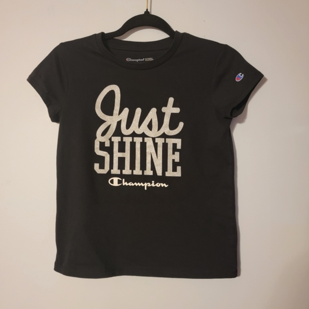💚Champion “Just Shine” Reflecting Black Short Sleeve Tee‎ Girls Size 14/16